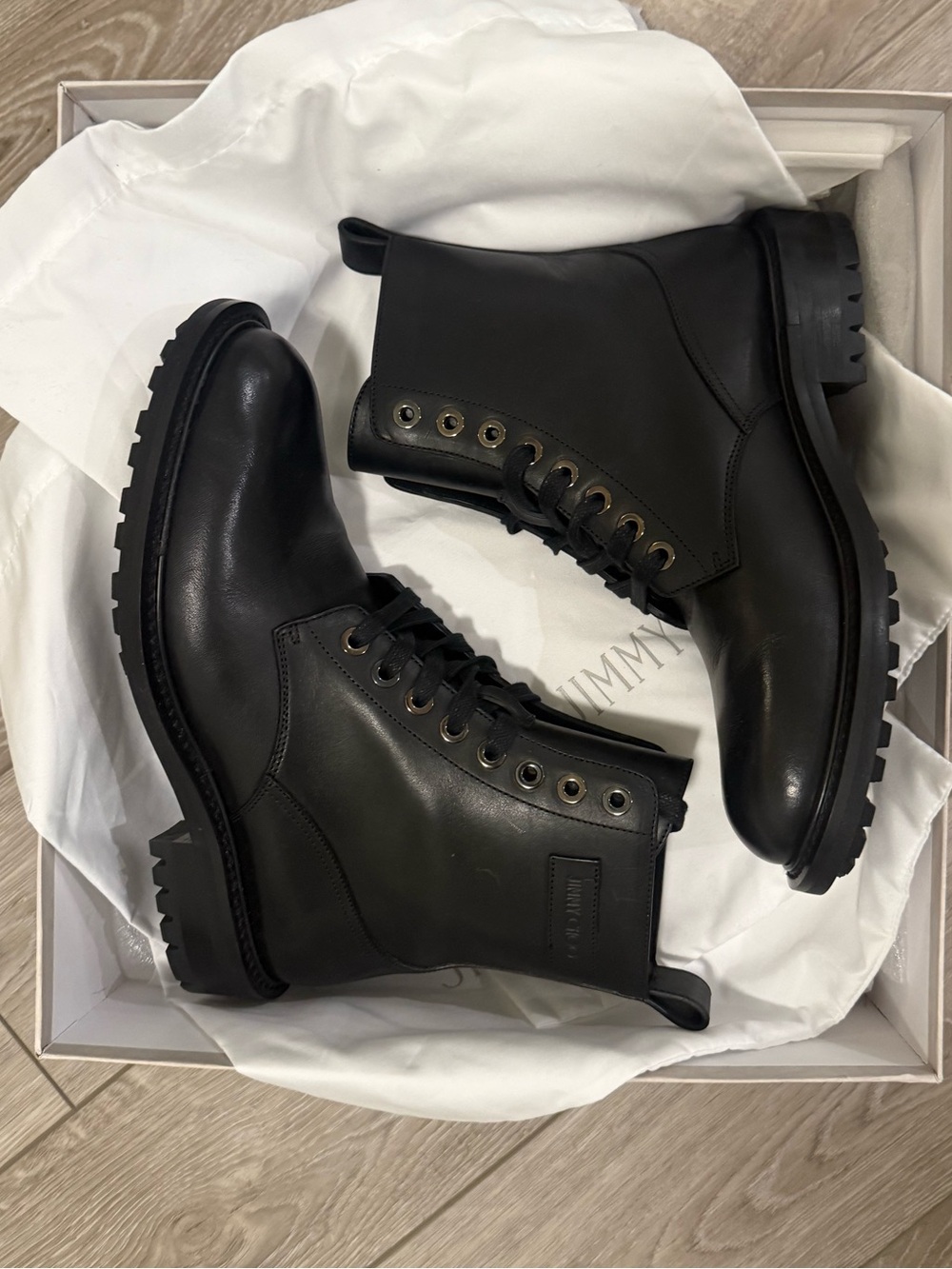 Jimmy Choo Black Leather Lace-Up Combat Boots
